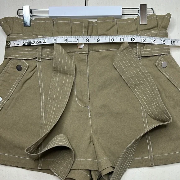 River Island 100% Cotton Khaki Green High Rise Paper Bag Belted Shorts Size US 6 - Picture 10 of 13